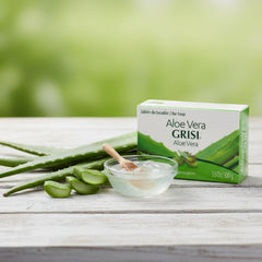 Grisi bar beside aloe leaf illustrating natural aloe soothing benefit