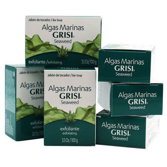 grisi seaweed soap front packaging showing six bars and clear benefits