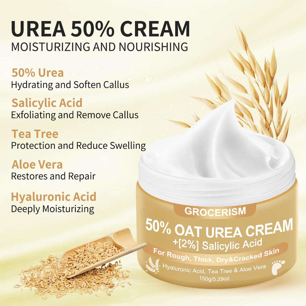 Grocerism being applied to heel to soften calluses and hydrate skin
