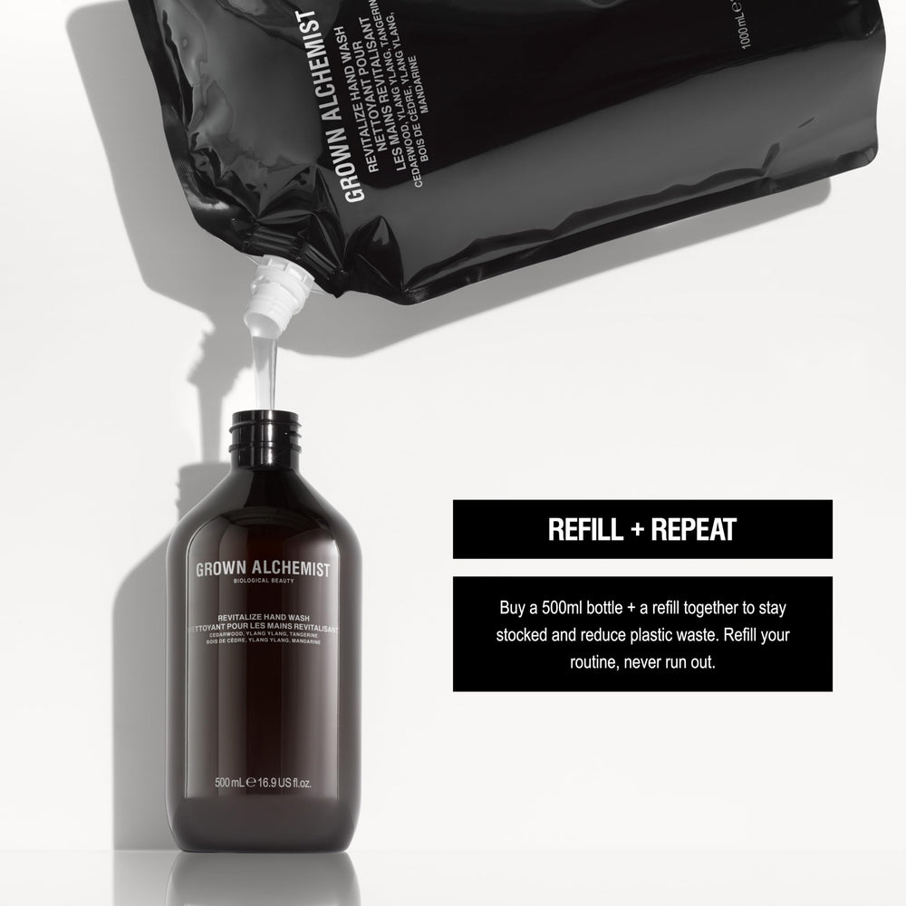 Grown Alchemist refill pictured on bathroom sink adding a spa-like atmosphere