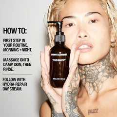 Grown Alchemist bottle staged in bathroom offering calming, everyday skincare vibe