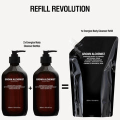 Grown Alchemist bottle on shower shelf in bathroom conveying uplifting routine