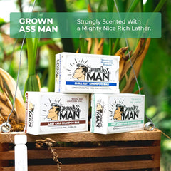 Grown Ass Man Co. bar on wooden dish showing sustainable storage and longevity