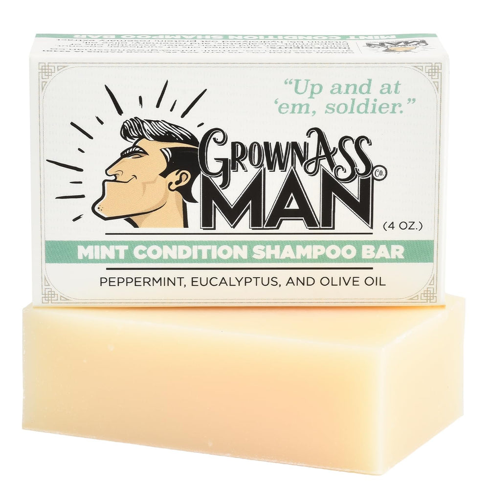 Grown Ass Man Co. front packaging showing mint condition bar and eco benefit
