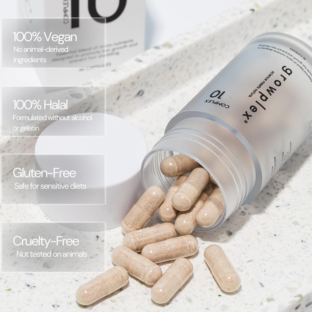 GROWPLEX size comparison on a hand demonstrating compact capsule convenience benefit