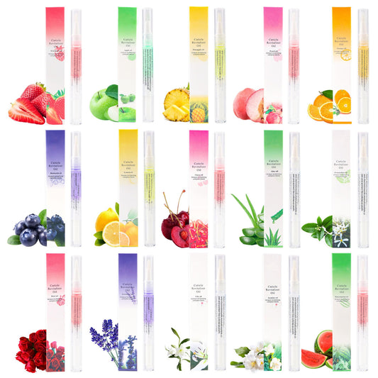 GRUNIL cuticle oil set front view showing 15 colorful pens and packaging benefit hydration