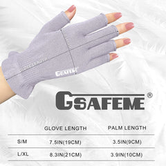 GSAFEME gloves beside measuring guide showing S/M versus L/XL fit benefit