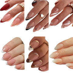 GUFUGU front packaging showing 6 French-tip almond nail styles and tote-ready box benefit