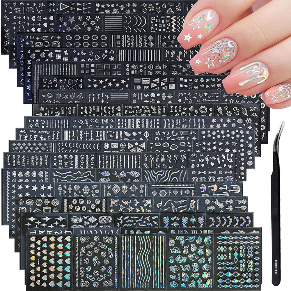 GUFUGU front packaging showing 90 silver holographic nail sticker sheets and tweezer for variety