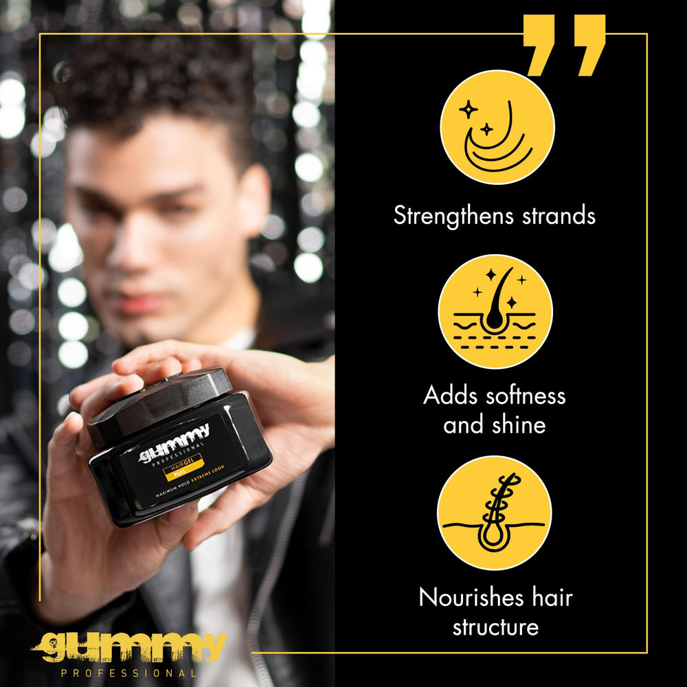 Gummy styled slick-back on model, demonstrates long-lasting smooth hold