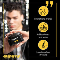 Gummy styled slick-back on model, demonstrates long-lasting smooth hold
