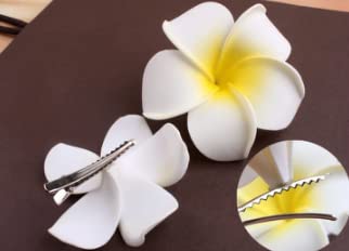 Guqqeuc white plumeria clips front view showing three delicate flowers and tropical style benefit
