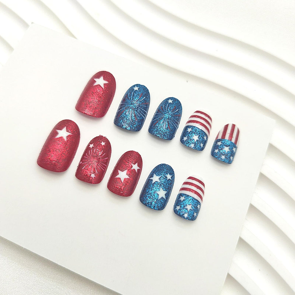 GXOIPNS close-up of glitter American flag star details, vibrant sparkle and crisp print
