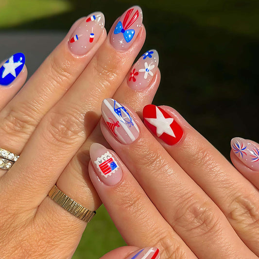 GXOIPNS front packaging showing 24-piece patriotic press-on nail kit, ready-to-wear convenience