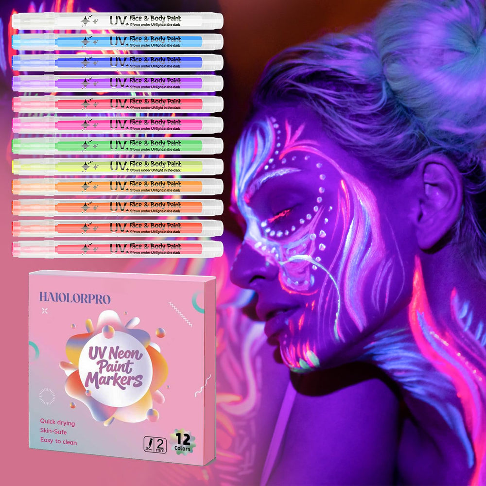 HAIOLORPRO front packaging showing 12 neon pens and benefits