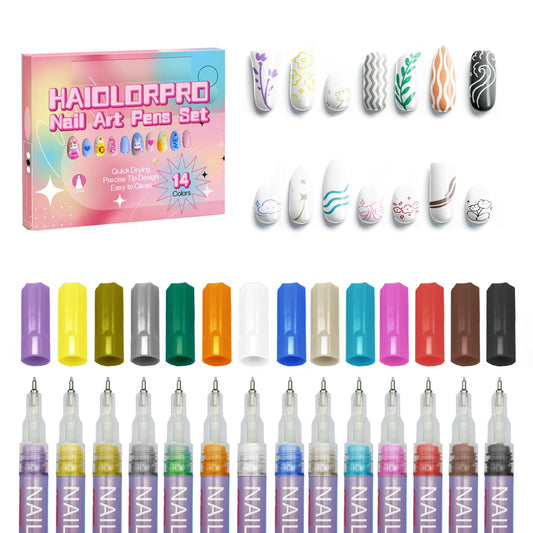 HAIOLORPRO front packaging showing 14 vibrant nail art pen colors and kit benefit