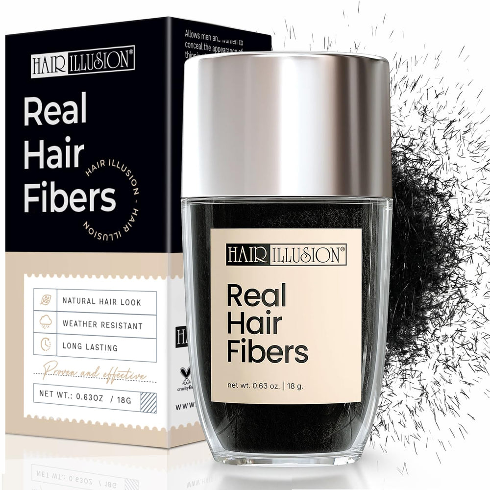 hair illusion open jar revealing natural black hair fibers for blending