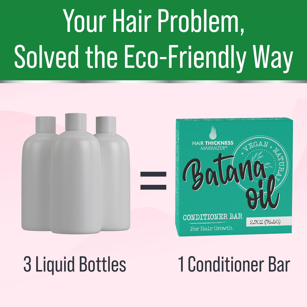 Hair Thickness Maximizer next to a liquid bottle showing one bar equals three bottles