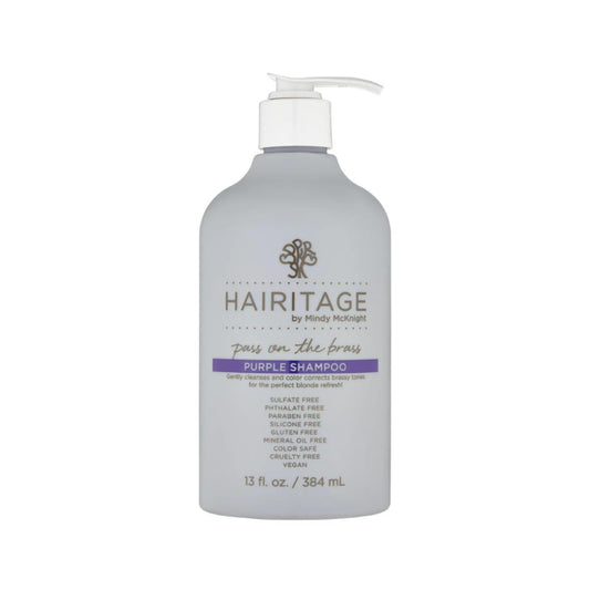Hairitage front bottle showing purple shampoo label and benefit