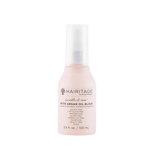 Hairitage front packaging showing argan oil spray for shine and frizz control