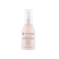 Hairitage front packaging showing argan oil spray for shine and frizz control
