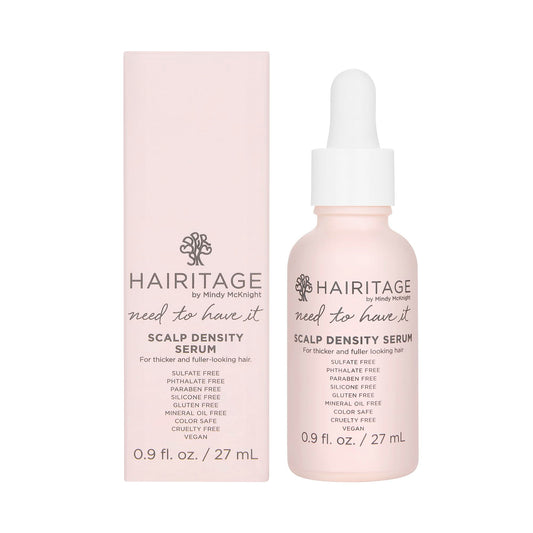 Hairitage front bottle shot showing label and compact packaging benefit: clear product identity