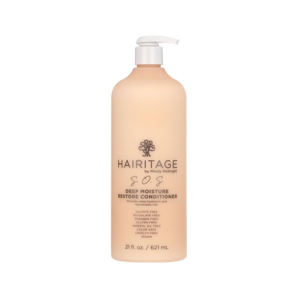 Hairitage front packaging shows 21 fl oz bottle and hydrating benefits
