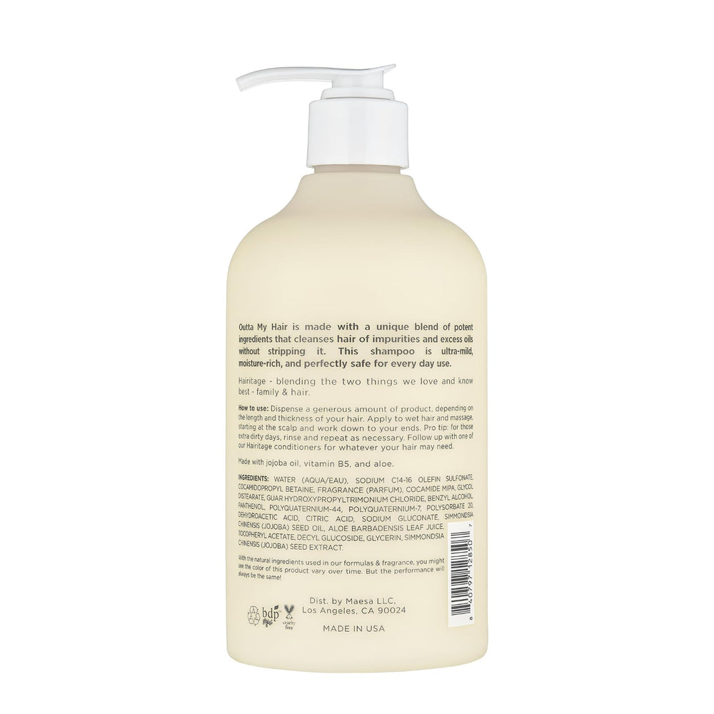 Hairitage pump and label closeup highlighting ingredients and instructions