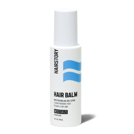 Hairstory Hair Balm front packaging showing clean design and product name, promotes ease