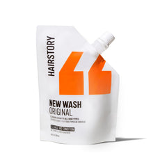 Hairstory pouch front view showing refill packaging and label benefits