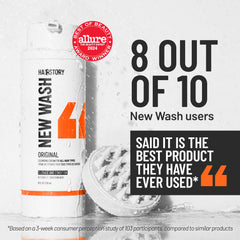 Hairstory New Wash refillable bottle label emphasizing eco-friendly convenience