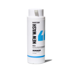 Hairstory New Wash Rich front bottle showing product for thick hair and easy refill