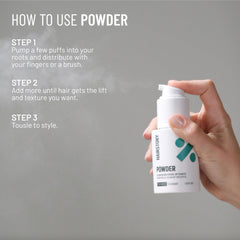 Hairstory Powder being applied to roots creates instant lift and freshness
