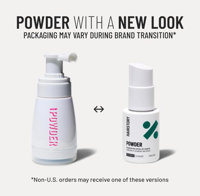 Hairstory Powder held in hand to show real 1.32 oz size and portability