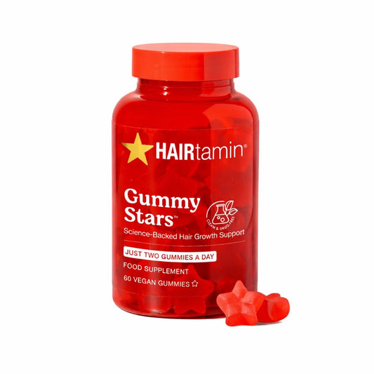 HAIRtamin front packaging showing product benefits and vegan badge