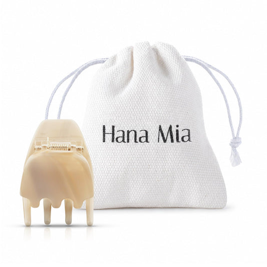 Hana Mia creme clip front view showing glossy finish and polished design benefit: elegant hold