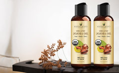Handcraft Blends bottle beside measuring scale and label highlighting organic certification