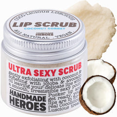 Handmade Heroes coconut sorbet front jar showing label and benefit of soft lips
