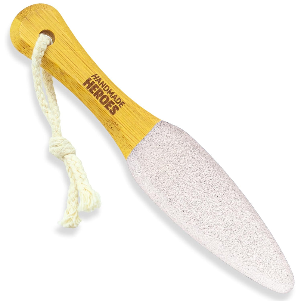 Handmade Heroes front view of foot exfoliator showing sleek handle and pumice, clear results