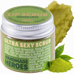 Handmade Heroes matcha latte lip scrub jar front showing label and clean packaging benefit