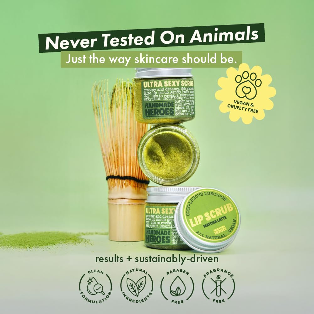 Handmade Heroes matcha lip scrub held in hand to show 1oz scale and travel-friendly benefit