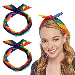 HANSAMU front view of two rainbow headbands showing colorful pride appeal