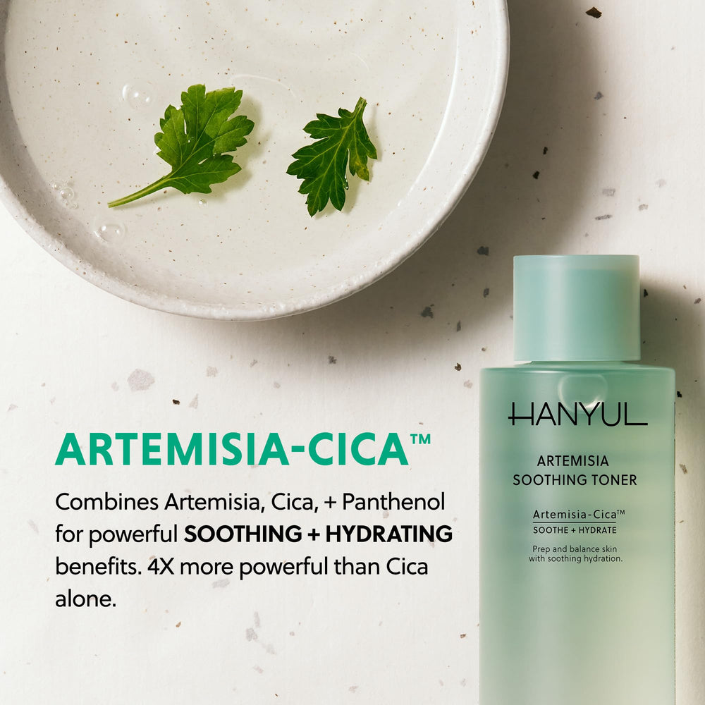 HANYUL toner applied with hands demonstrating quick absorption and calming benefit
