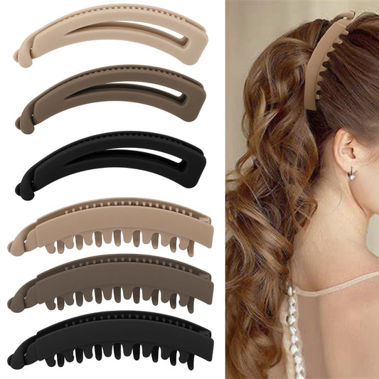 Hapdoo front view of six matte banana clips, clear color selection benefit