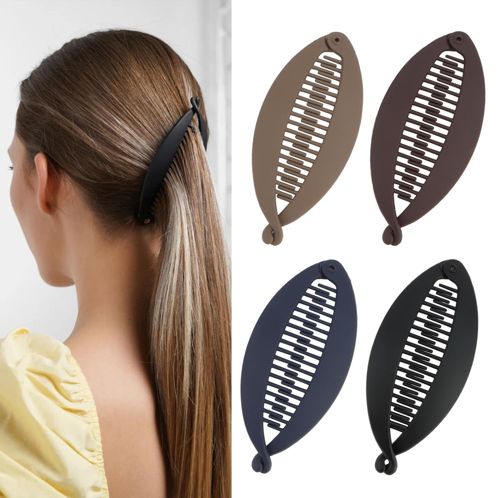 Hapdoo front view of four matte banana clips showing color variety and styling options