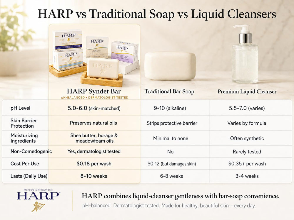 HARP bar resting on a shower shelf showing daily-use convenience