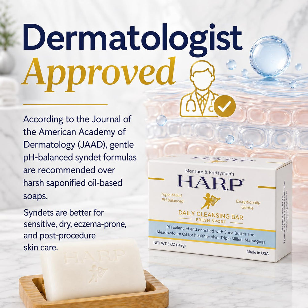 HARP fragrance-free bar with towel signaling mild, non-irritating option