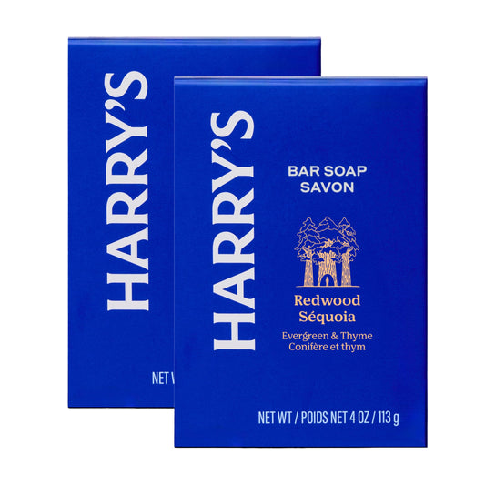 Harry's front packaging of Redwood bar soap showing brand and two-bar value