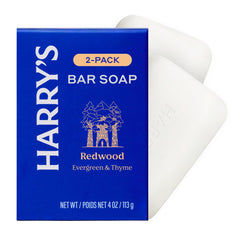 Harry's Redwood soap styled on bathroom shelf for grooming coordination
