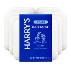 Harry's front packaging showing Stone bar and 8-pack benefit